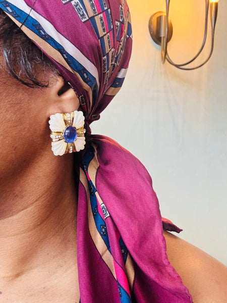 ART DECO BLUE CABOCHON & CRYSTAL GOLD EARRINGS