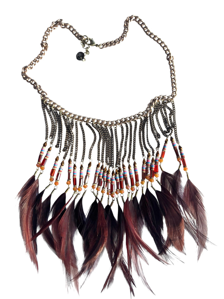 BOHO BURGUNDY FEATHER & CHAIN 3-PIECE NECKLACE SET