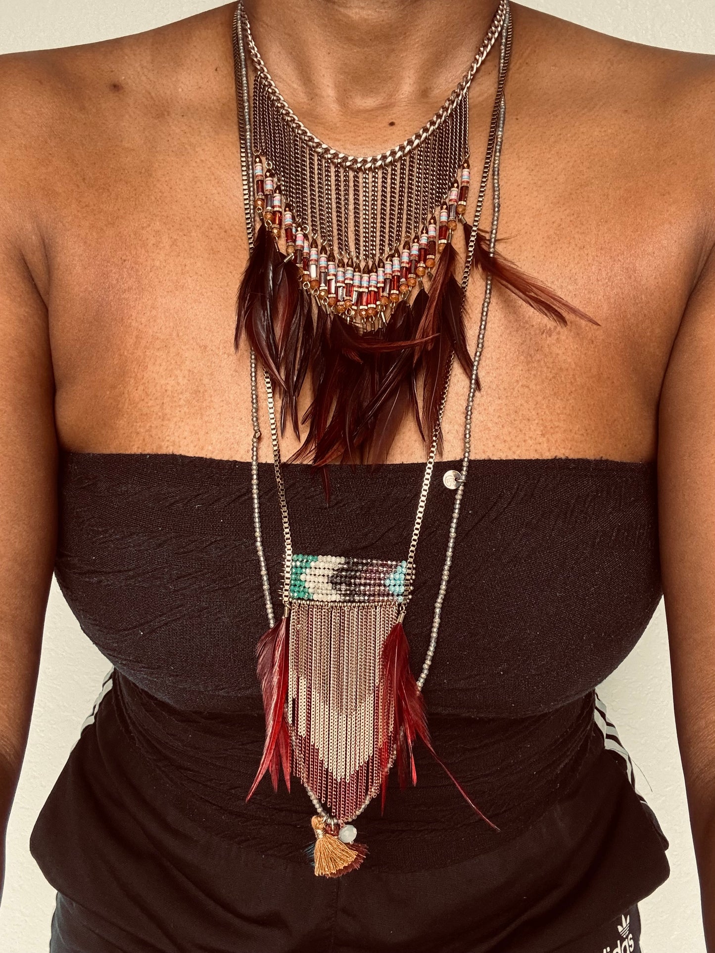 BOHO BURGUNDY FEATHER & CHAIN 3-PIECE NECKLACE SET