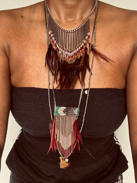BOHO BURGUNDY FEATHER & CHAIN 3-PIECE NECKLACE SET