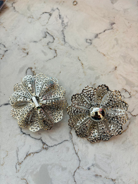 SILVER FILIGREE FLOWER CLIP-ON EARRINGS
