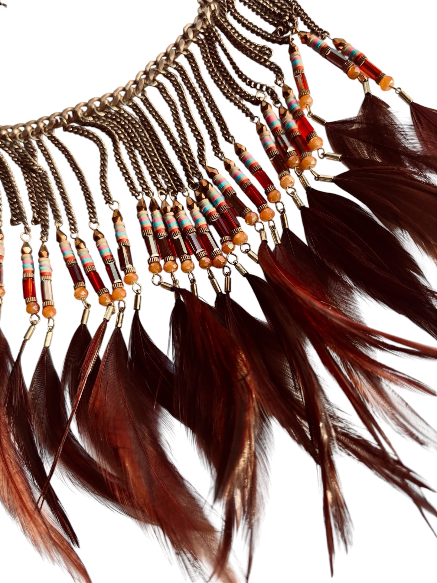 BOHO BURGUNDY FEATHER & CHAIN 3-PIECE NECKLACE SET