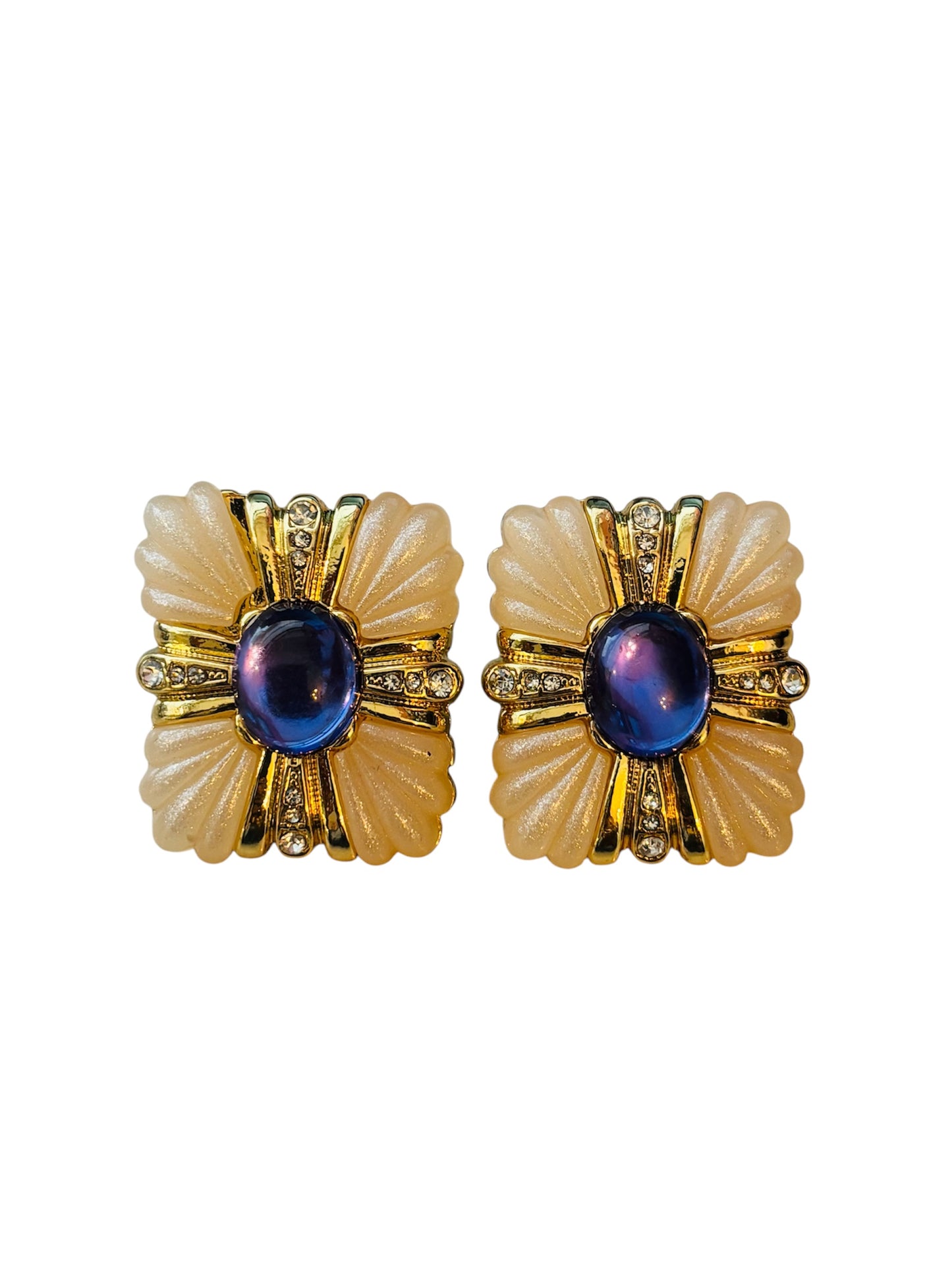 ART DECO BLUE CABOCHON & CRYSTAL GOLD EARRINGS