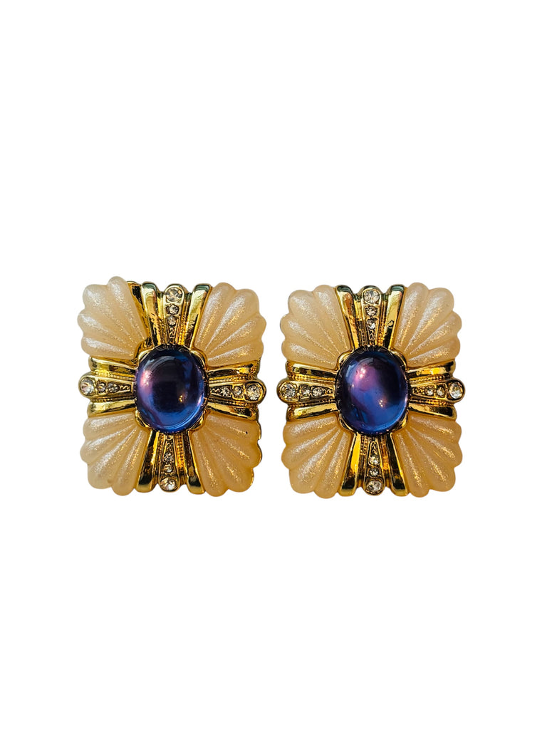 ART DECO BLUE CABOCHON & CRYSTAL GOLD EARRINGS