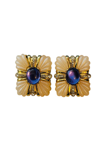 ART DECO BLUE CABOCHON & CRYSTAL GOLD EARRINGS