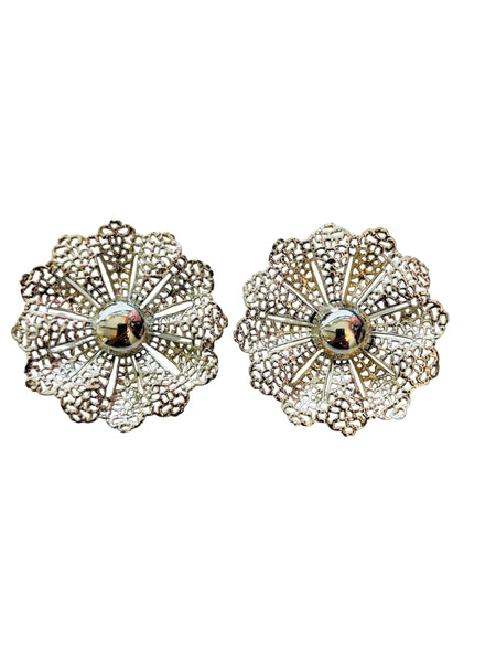 SILVER FILIGREE FLOWER CLIP-ON EARRINGS