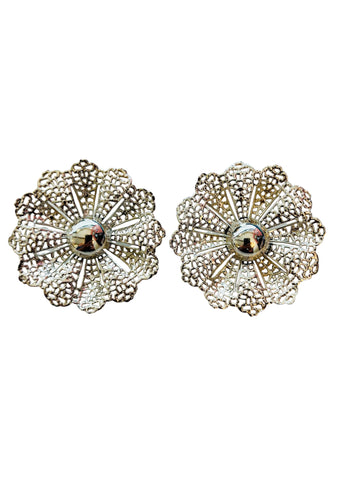 SILVER FILIGREE FLOWER CLIP-ON EARRINGS