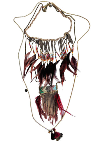 BOHO BURGUNDY FEATHER & CHAIN 3-PIECE NECKLACE SET