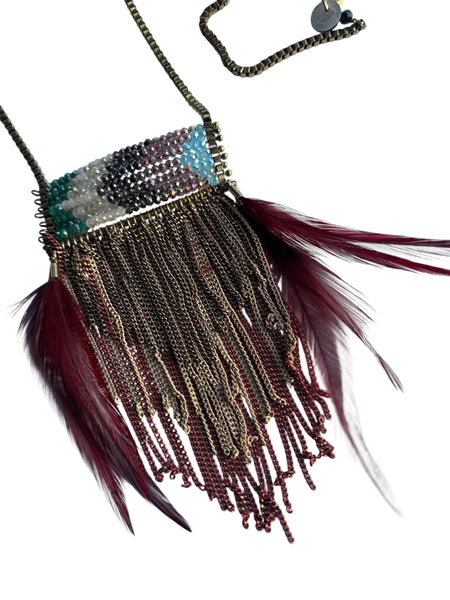 BOHO BURGUNDY FEATHER & CHAIN 3-PIECE NECKLACE SET