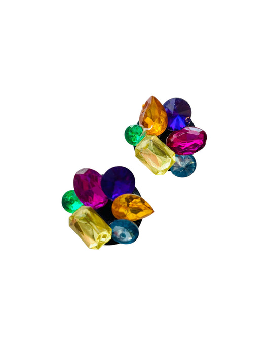 MULTICOLOR RHINESTONE CLUSTER CLIP-ON EARRINGS