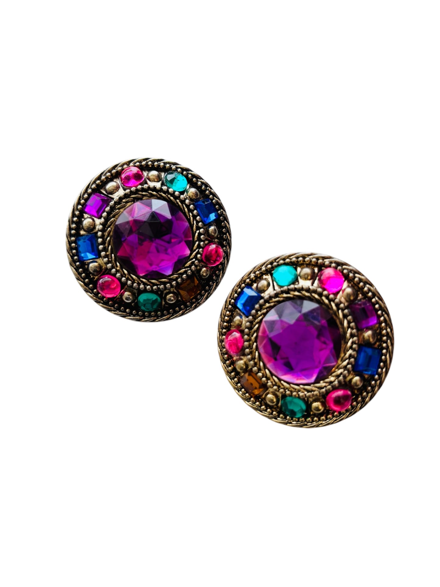 VINTAGE JEWELED ROUND CLIP-ON EARRINGS